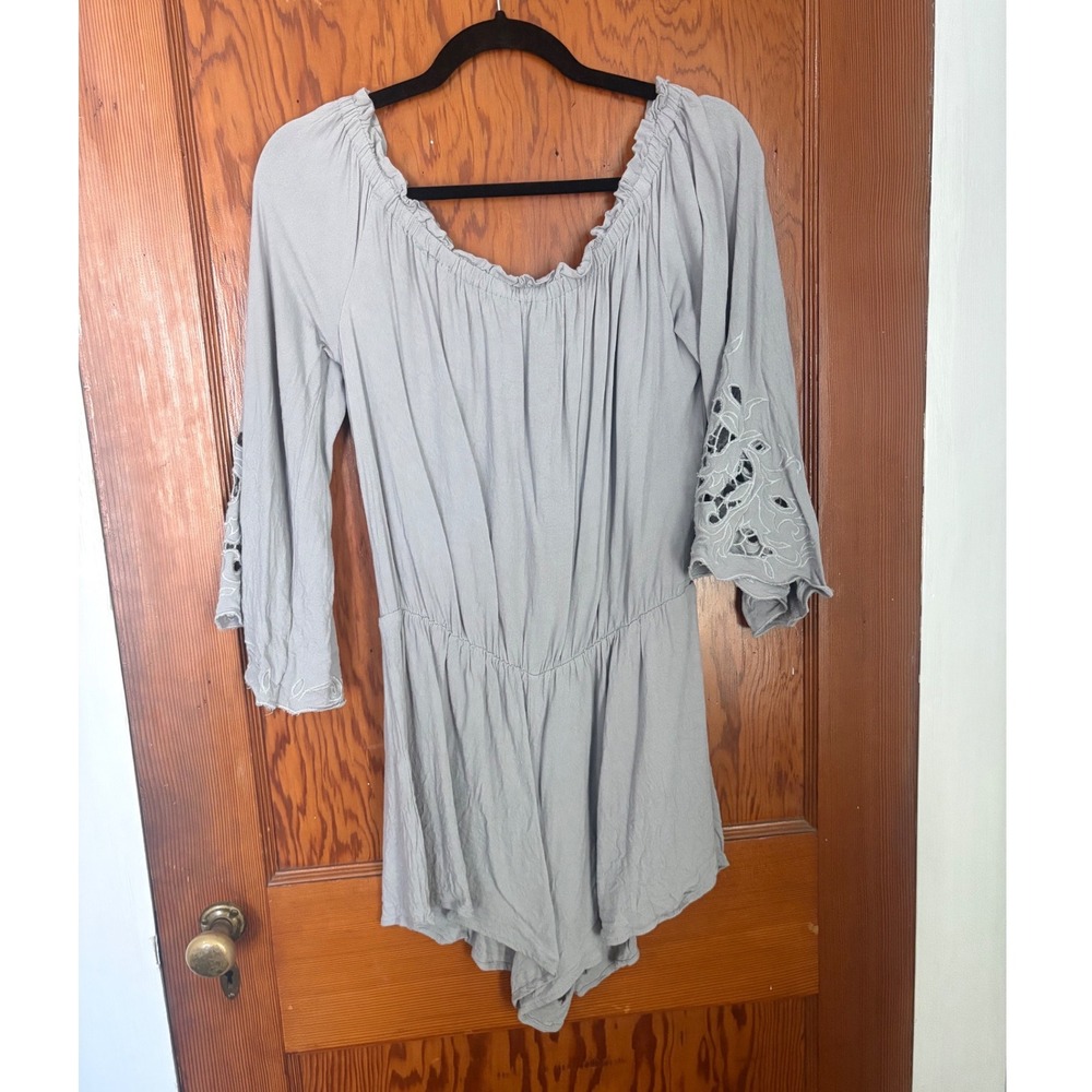 Kori America Gray Off Shoulder Romper Crochet Lace Bell Sleeve Boho Medium